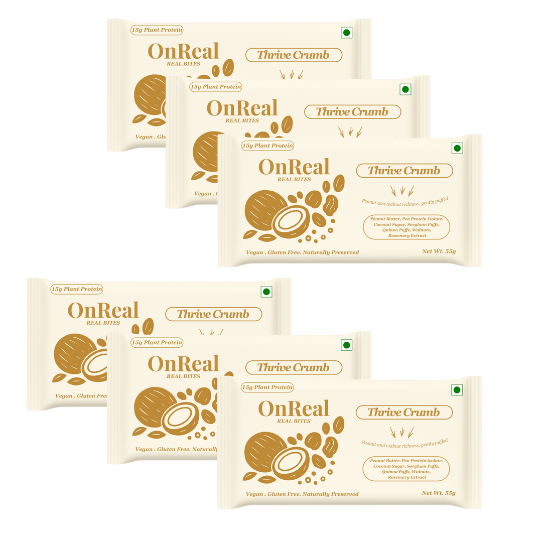 OnReal Foods Thrive Crumb Plant-Based Protein Bars | 15g Protein | No Refined Sugar | High Fiber | Peanut Butter & Walnut | Made with Jowar & Quinoa | Vegan & Gluten-Free