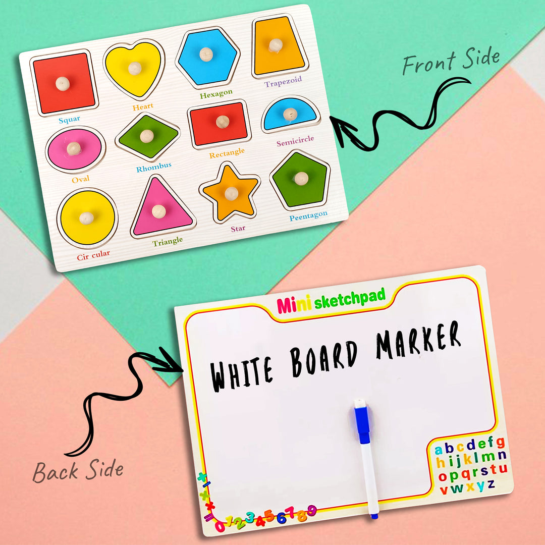 Wudly Toys Wooden Knob & Marker Puzzle Board | Alphabet, Numbers, Animals & Fruits