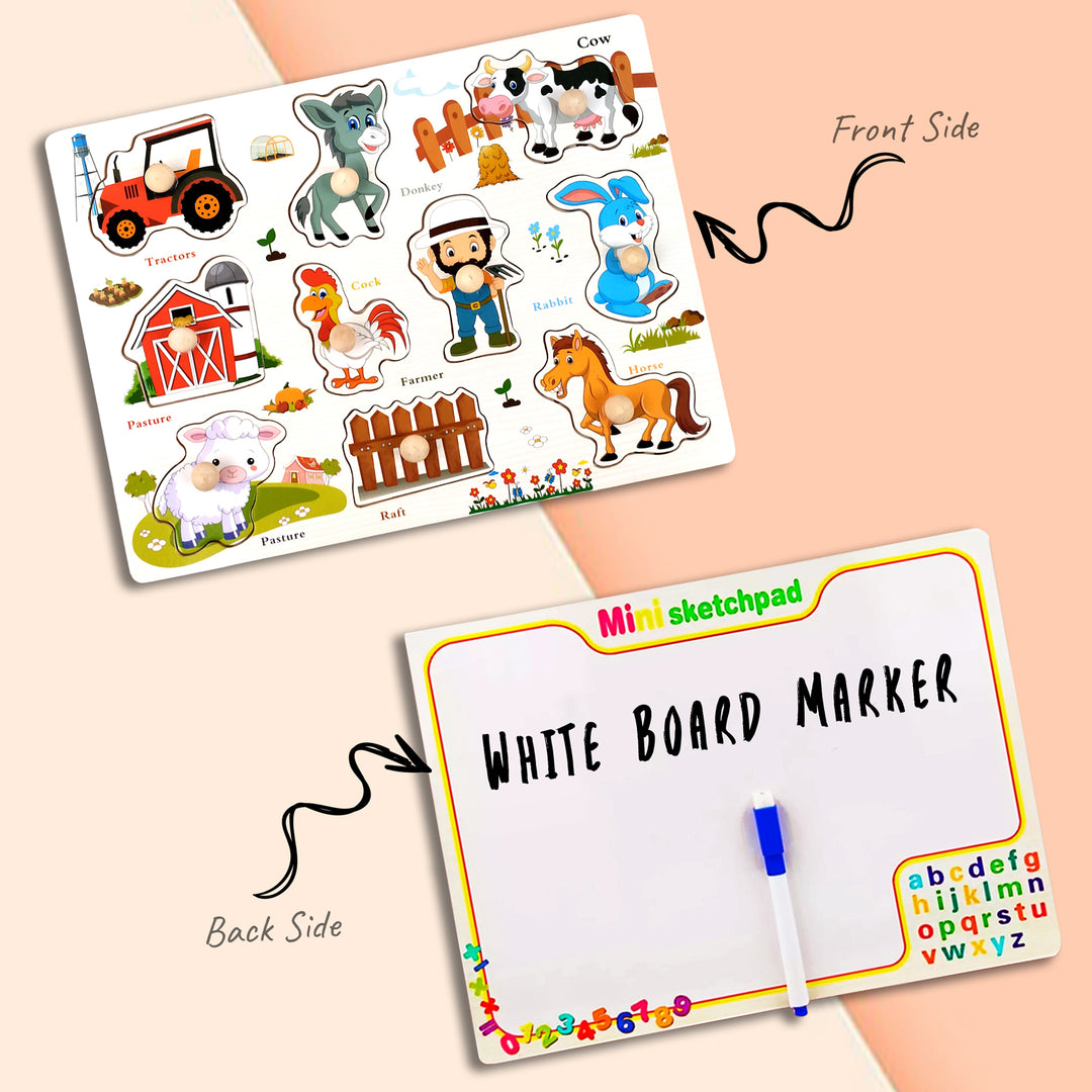Wudly Toys Wooden Knob & Marker Puzzle Board | Alphabet, Numbers, Animals & Fruits