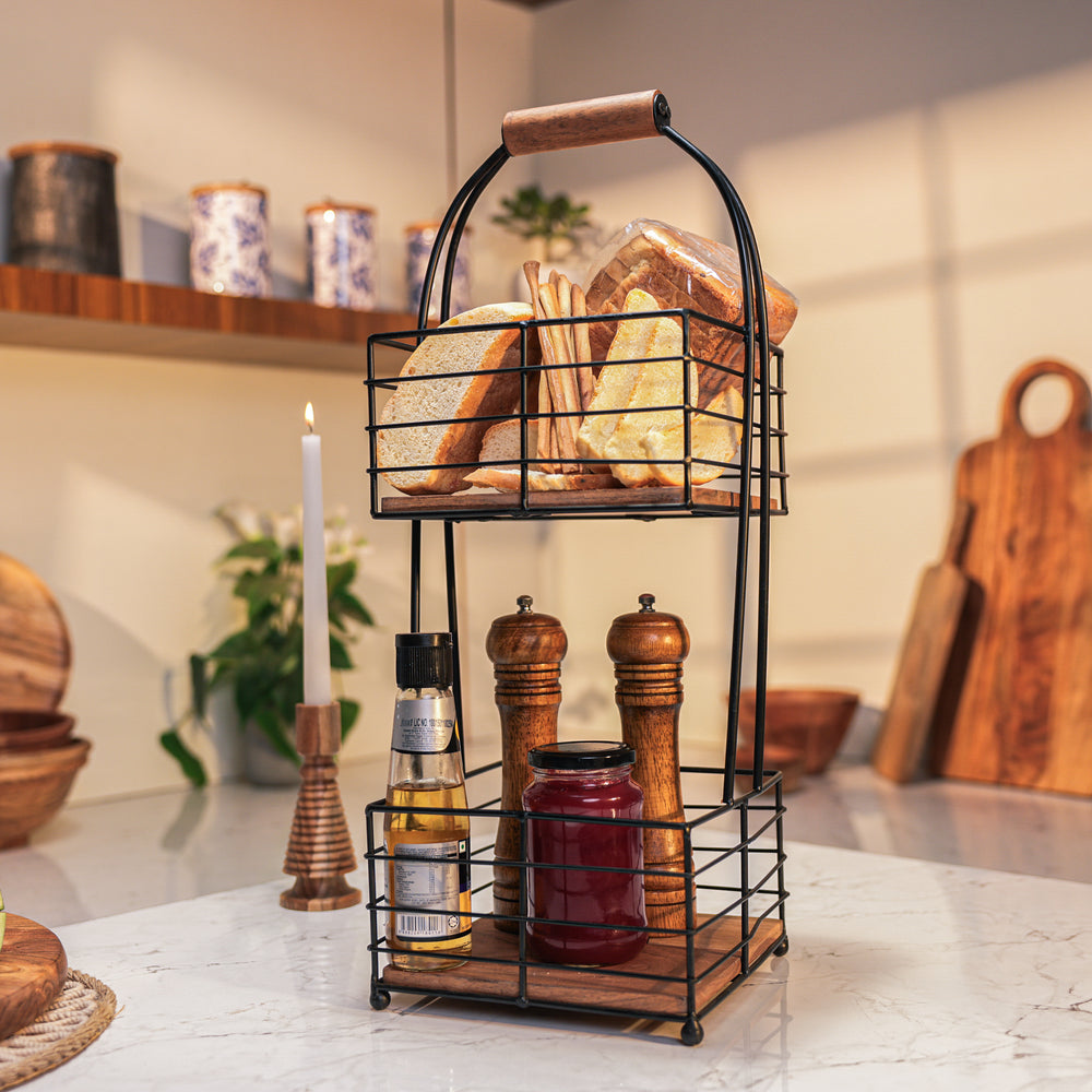 Ireka Homes Rustic Grid Basket – Handcrafted Acacia Wood & Metal Storage Basket – Sturdy 2-Tier Organizer for Fruits, Vegetables & Kitchen Essentials