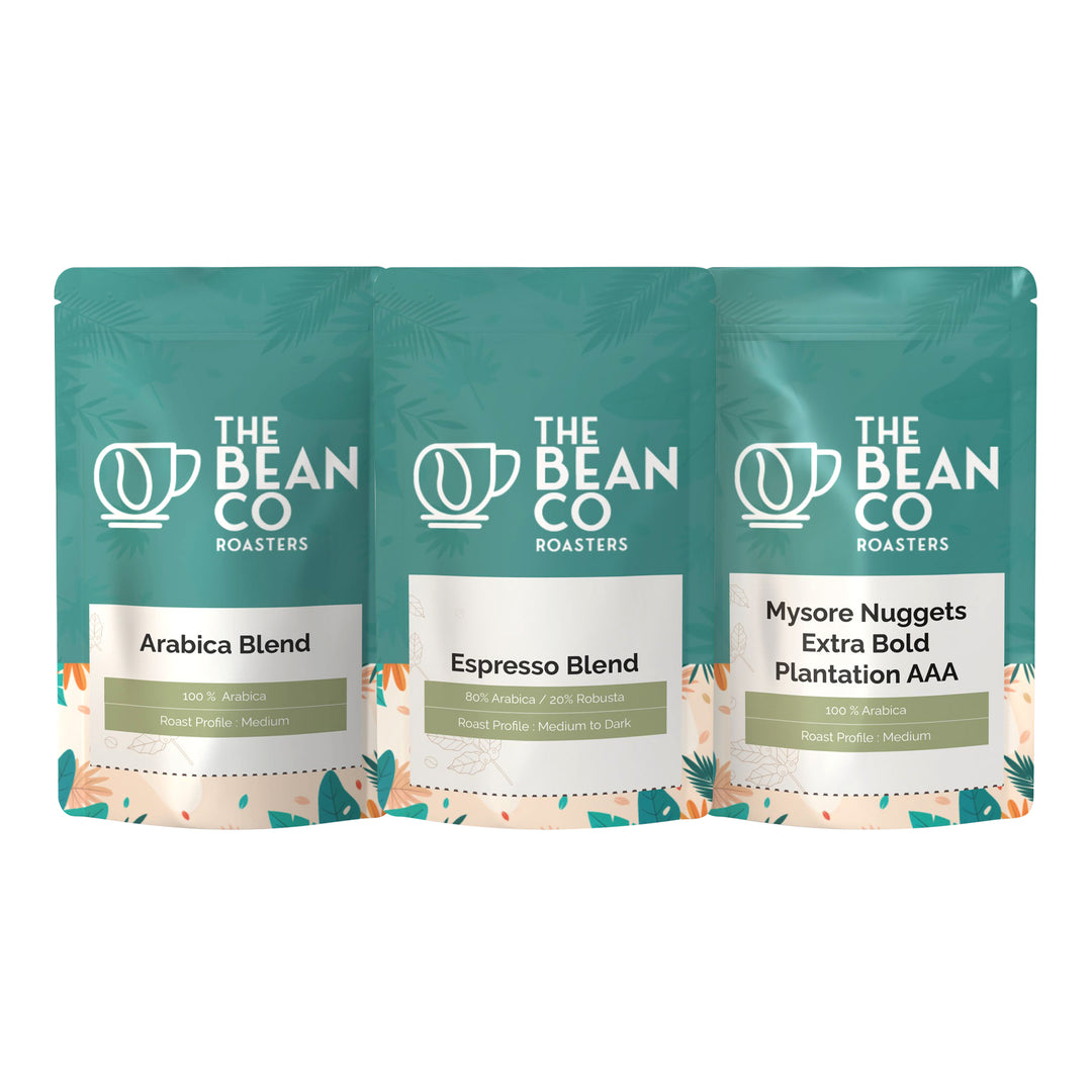 The Bean Co Roasters Combo Pack | Espresso Blend, Arabica Blend & Mysore Nuggets AAA | Premium Roasted Coffee Ground | 3 x 150g Pack