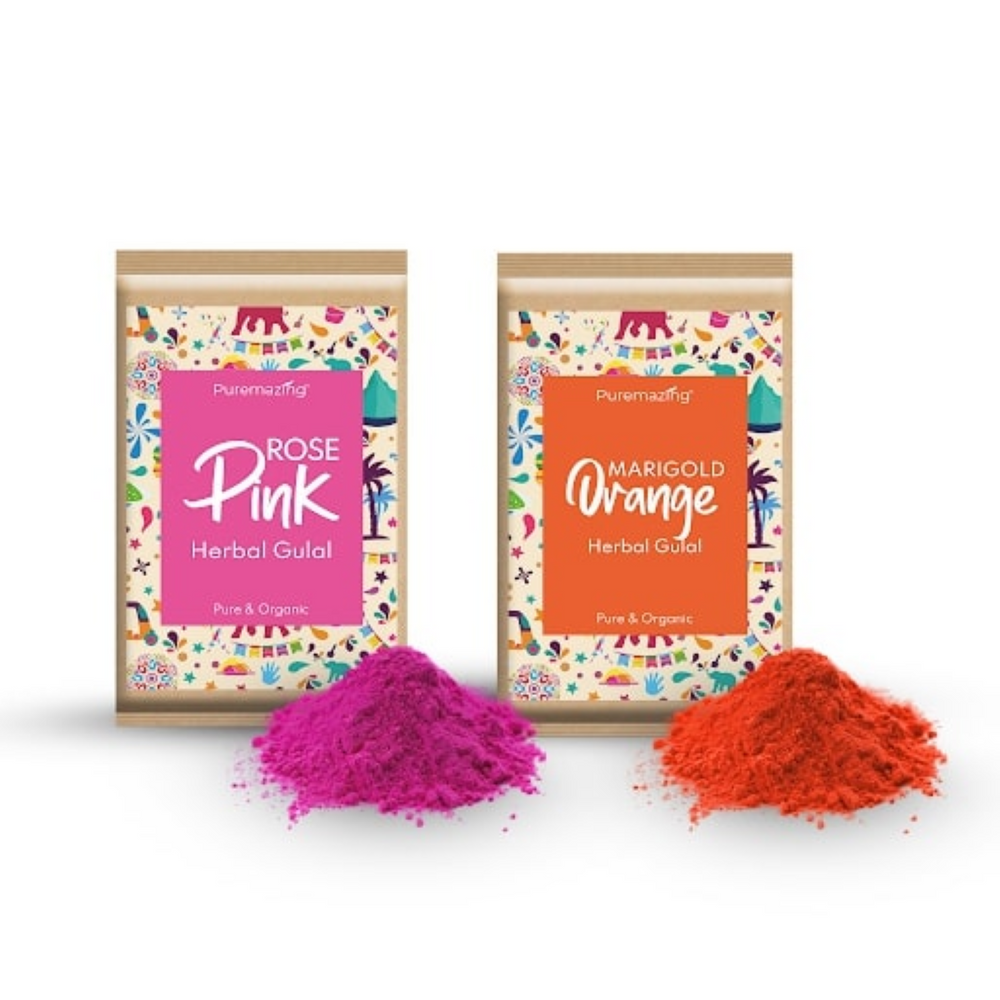 Puremazing by Imvelo Natural Herbal Gulal Colour Set for Holi - Organic Skin Friendly Holi Colour Powder with Flower Petals - Skin Friendly Scented Holi Colors Rang Gulal, Pack of 2 (Pink & Orange)