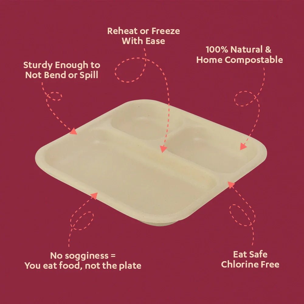 Chuk 3CP Sugarcane Bagasse Disposable Meal Plate - 25 pcs