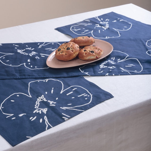 Pravaah Prasoon table linen set | pure hemp | table runner, napkins and placemats | hand printed in small batches