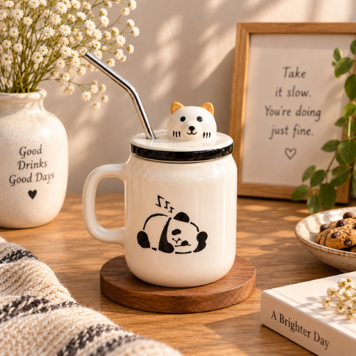 Douce Pause – Panda Ceramic Mug with Lid & Straw
