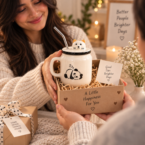 Douce Pause – Panda Ceramic Mug with Lid & Straw