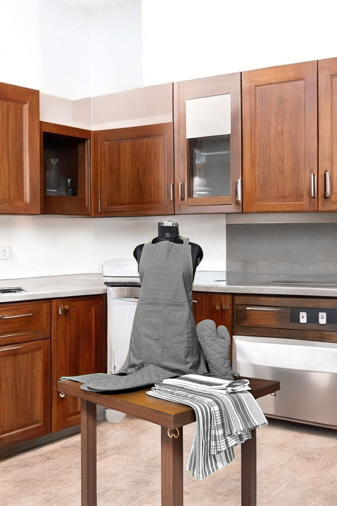 Country Village - Kitchen linen set ( Apron , Mittens , Kitchen towels)