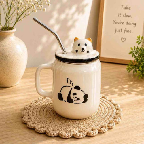 Douce Pause – Panda Ceramic Mug with Lid & Straw