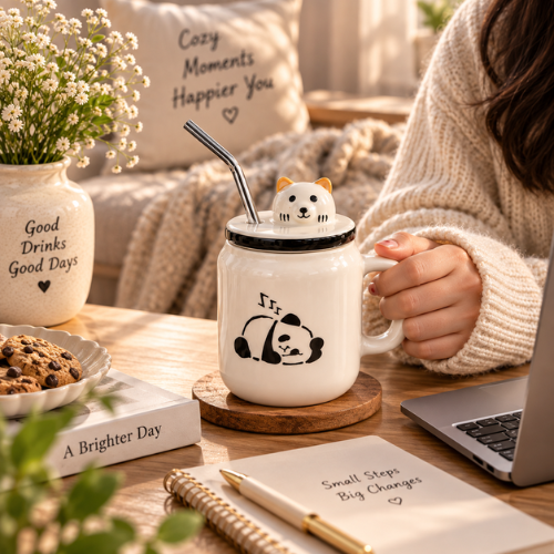 Douce Pause – Panda Ceramic Mug with Lid & Straw