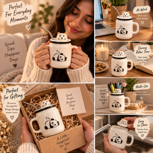 Douce Pause – Panda Ceramic Mug with Lid & Straw