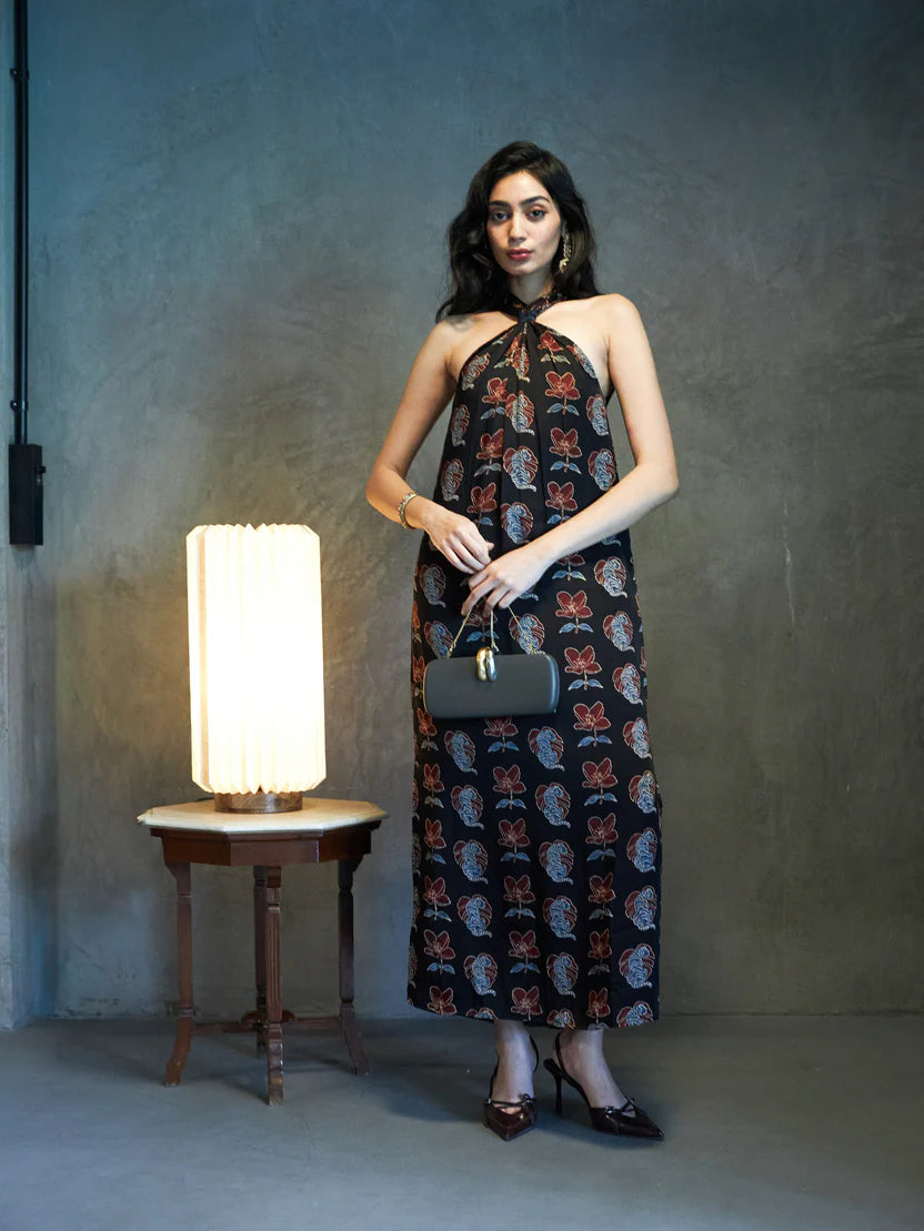 Anushé Pirani The Knot Dress | Ajrakh Print Modal | Charcoal, Women's