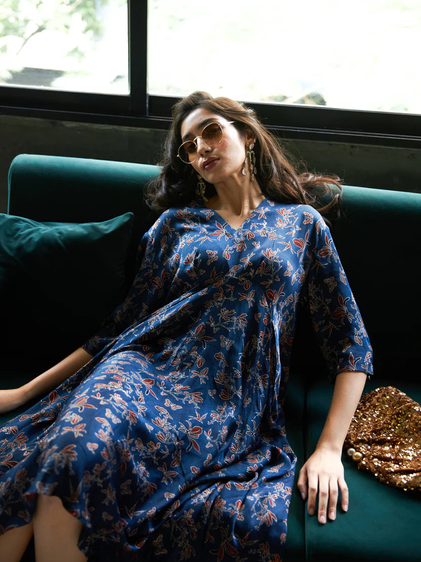 Anushé Pirani Cascade Dress | Ajrakh Print Modal | Indigo, Women's