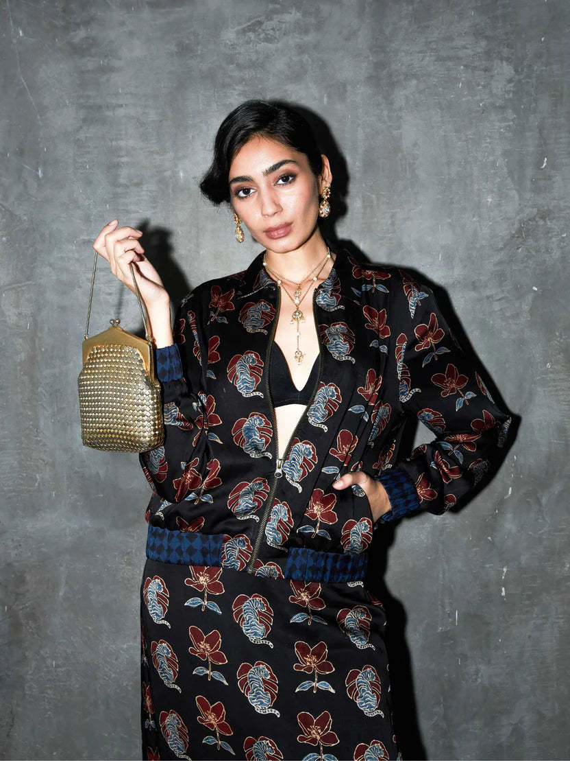 Anushé Pirani Beast Bomber | Ajrakh Print Modal | Charcoal, Women's