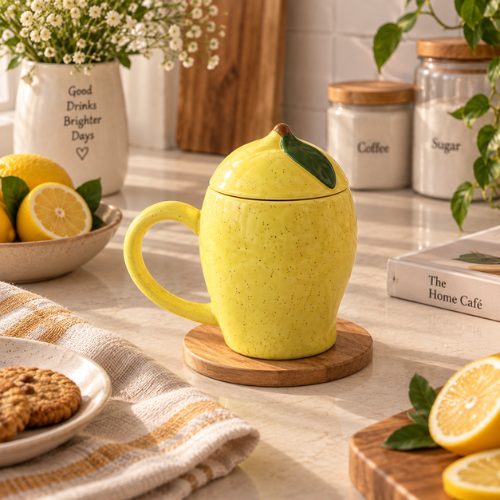 Citron Eclat – Lemon Ceramic Mug with Lid