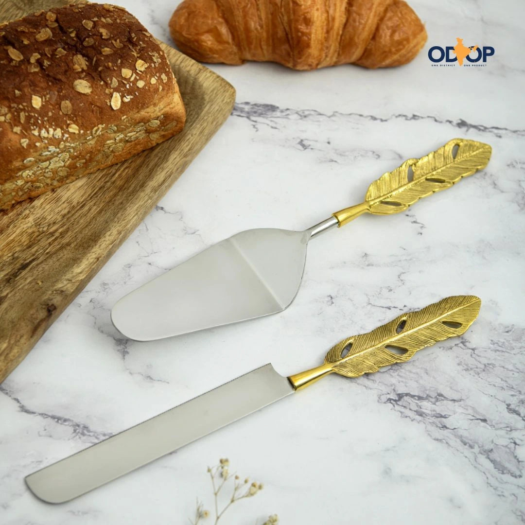 Pravaah Punkh Cake and Knife Server Set |- Feather Handle