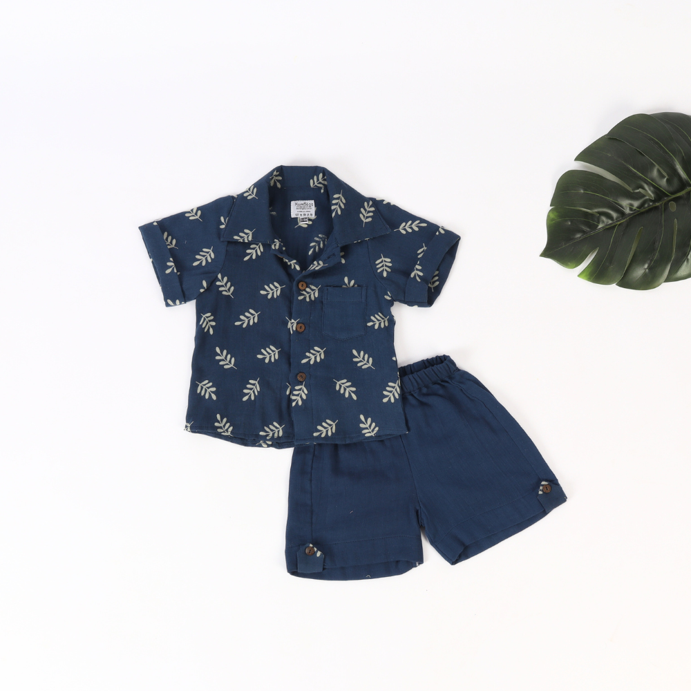 Momokos 100% Organic Cotton Capri Blue Double Gauze Shirt Shorts Co-ord set