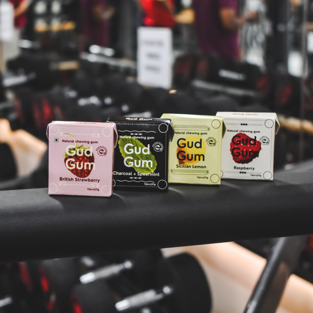 Gud Gum Chewing Gum - Mini Pack of 4 - Raspberry, Lemon, Charcoal Mint, Strawberry