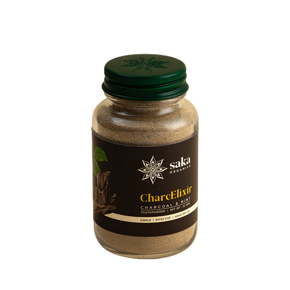 Saka Organics - CharcElixir | Handmade Charcoal and Mint Toothpowder | Natural Oral Care (50gms)