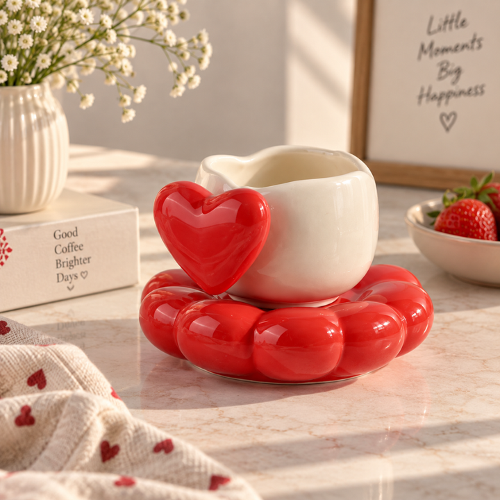 Amour Rouge – Heart Ceramic Mug & Coaster Set
