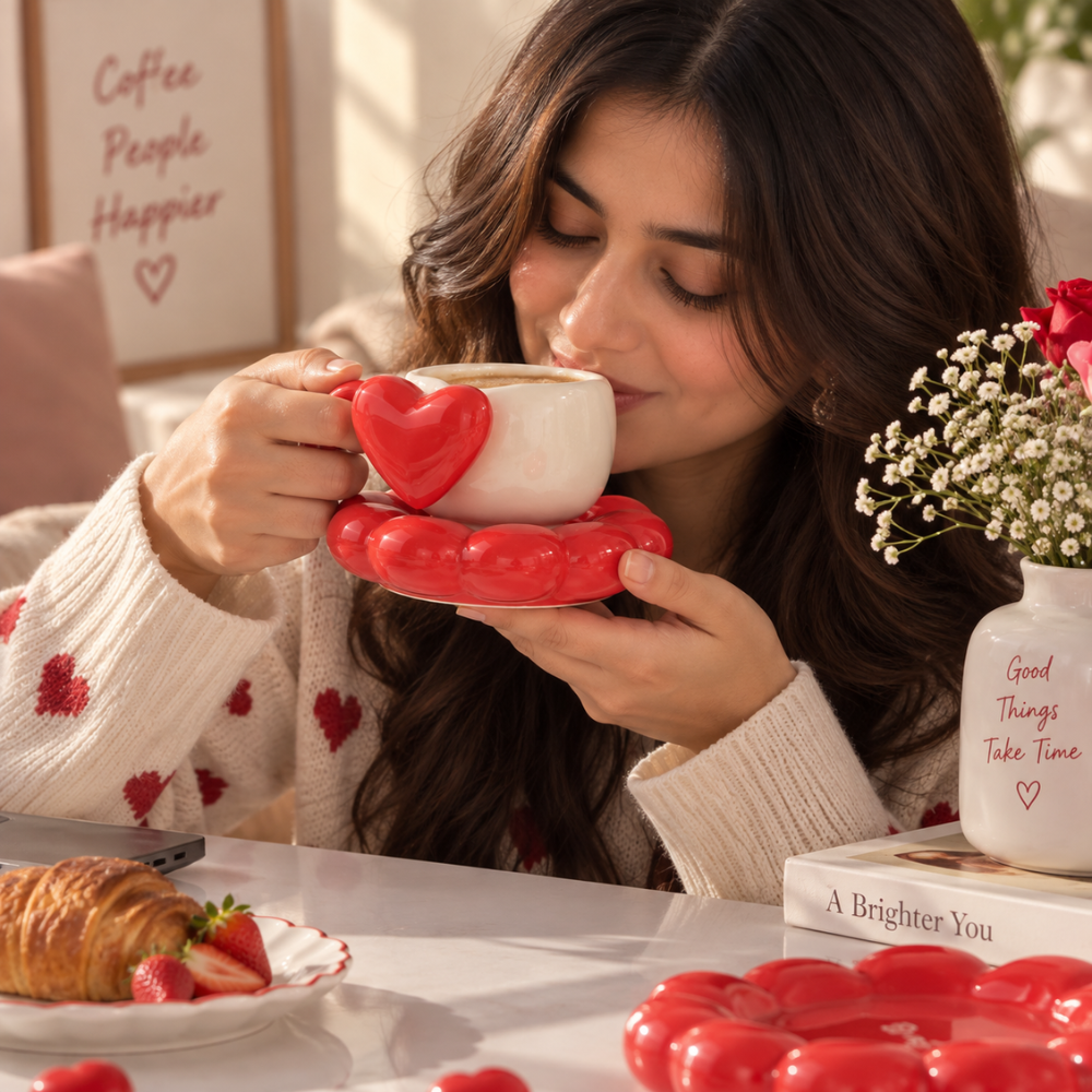 Amour Rouge – Heart Ceramic Mug & Coaster Set