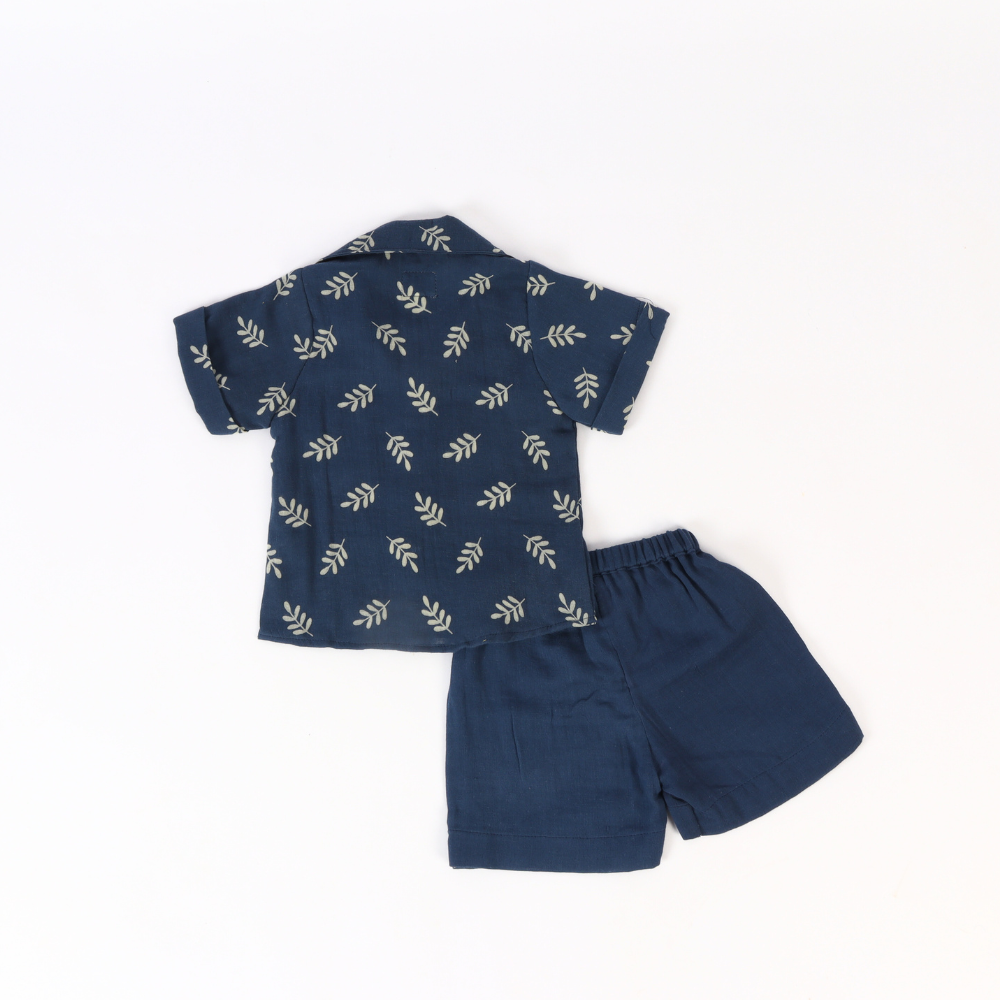 Momokos 100% Organic Cotton Capri Blue Double Gauze Shirt Shorts Co-ord set