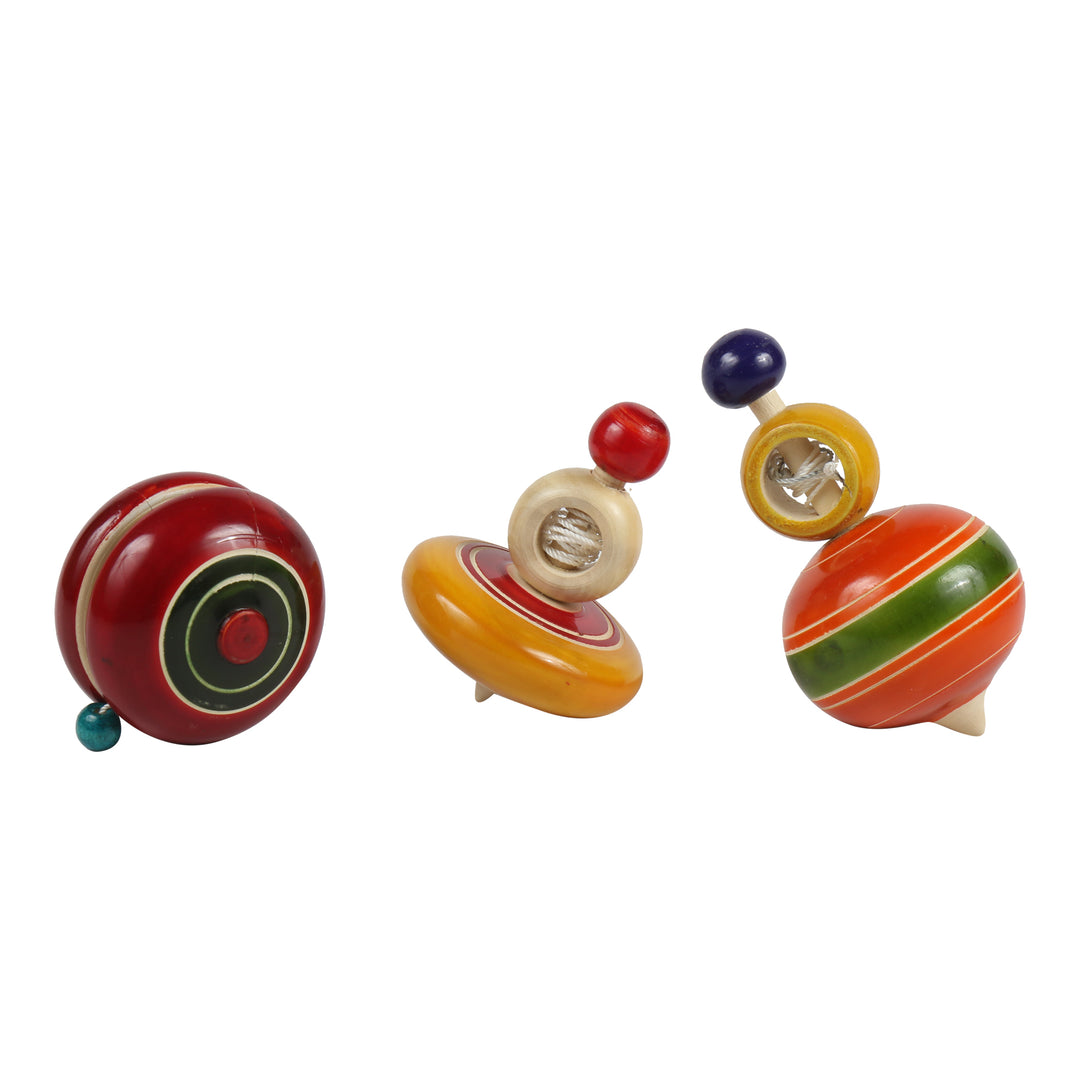 Channapatna Toys Wooden Spinning Tops for Kids (3 Yrs+)-Set of 3 Pcs- Multicolor-Curiosity & Fine Motor Skills