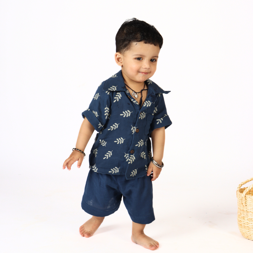 Momokos 100% Organic Cotton Capri Blue Double Gauze Shirt Shorts Co-ord set