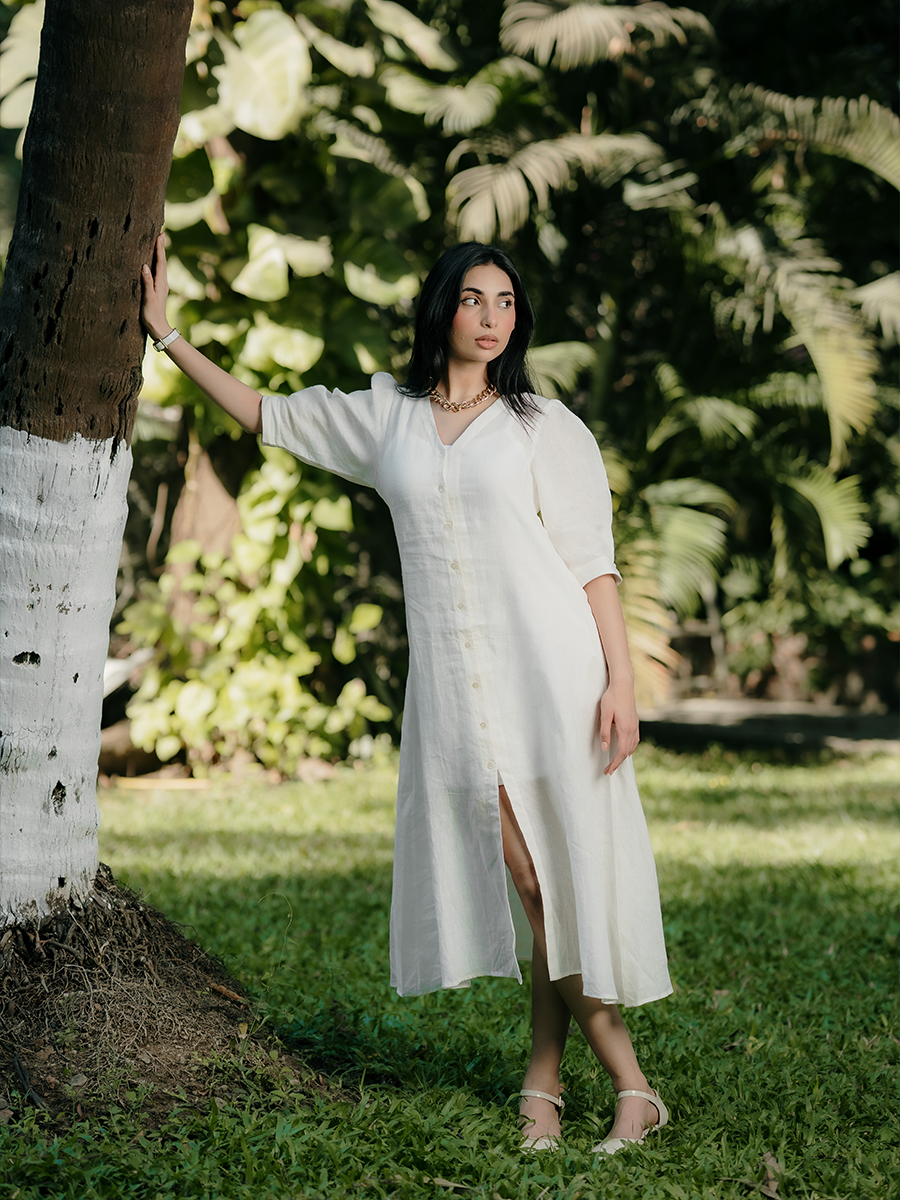 PUFFED SLEEVE MIDI LINEN DRESS