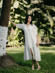 PUFFED SLEEVE MIDI LINEN DRESS