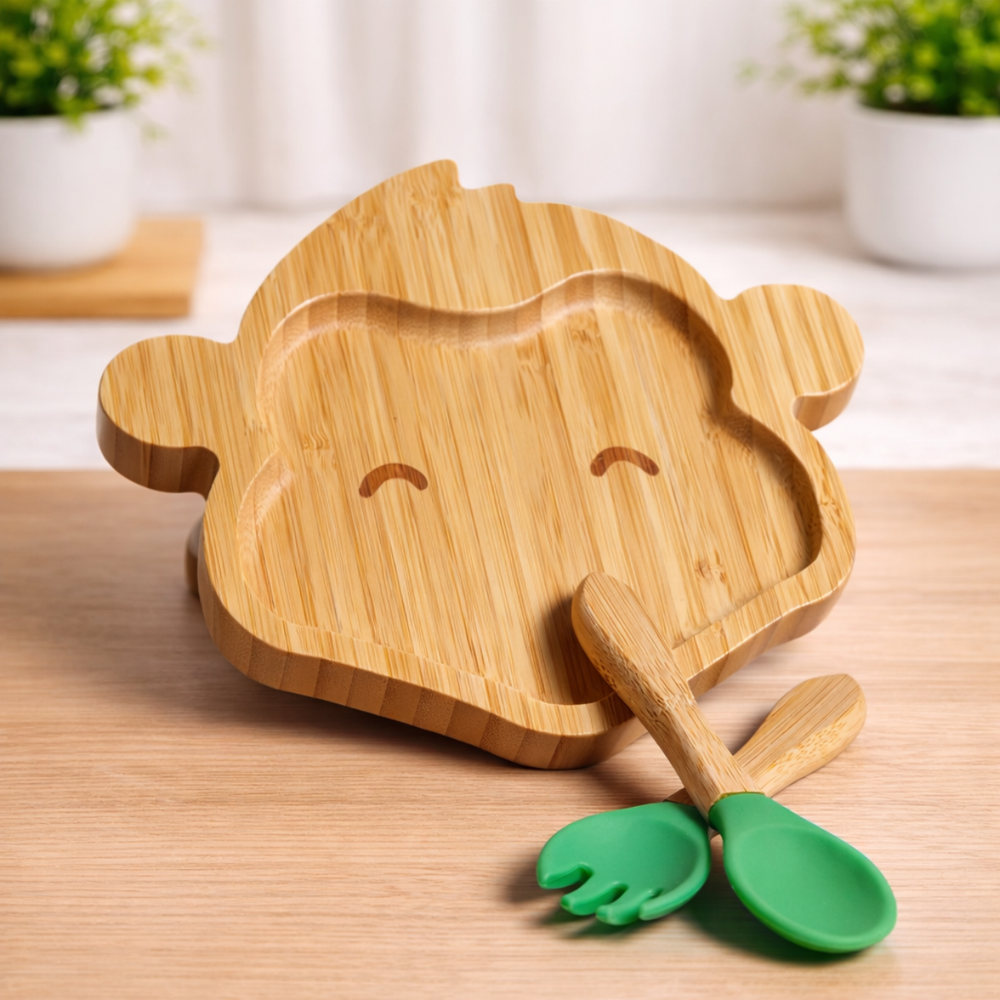 The Bamboo Bae Monkey Shape Bamboo Feeding Plate with Fork & Spoon | Eco Friendly Kids Plate | BPA Free | Safe for Children