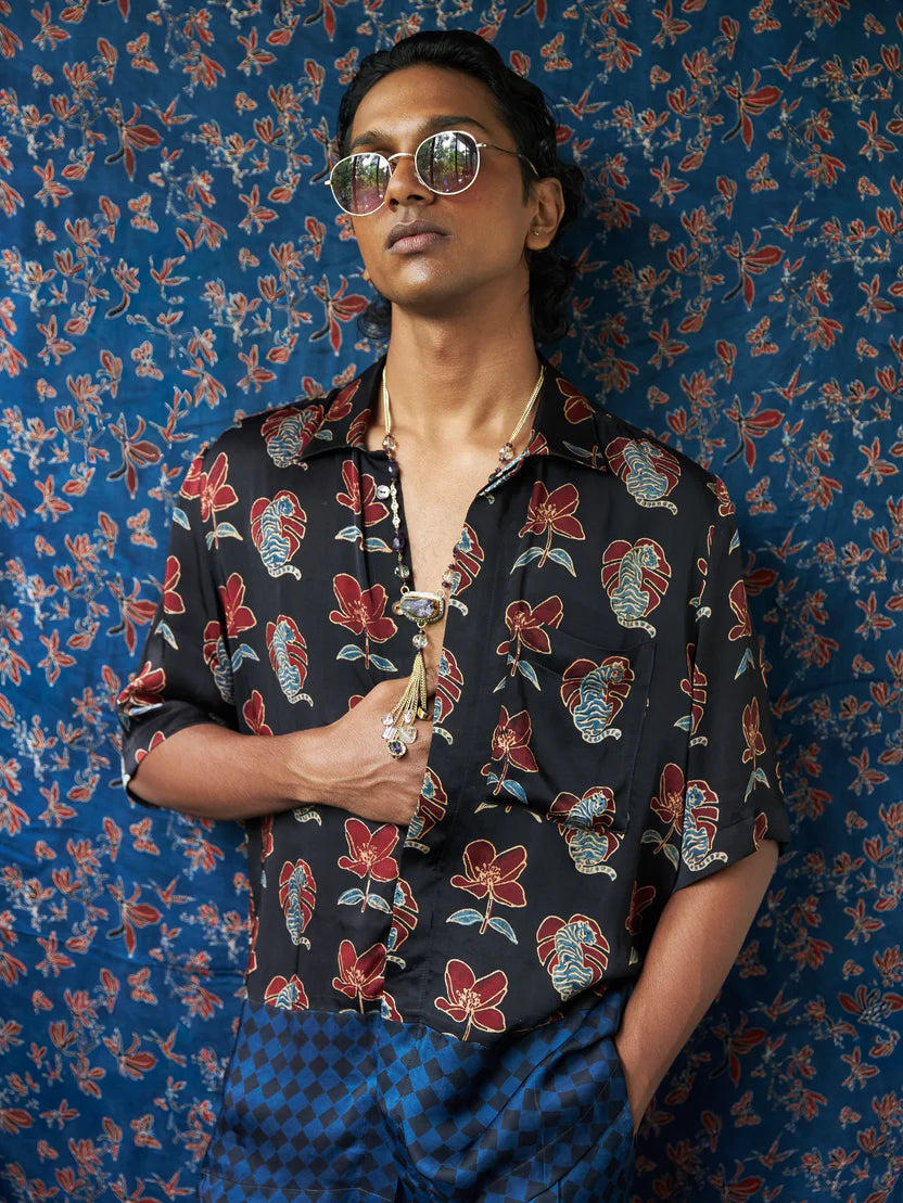Anushé Pirani Beast Shirt | Ajrakh Print Modal | Charcoal, Men's