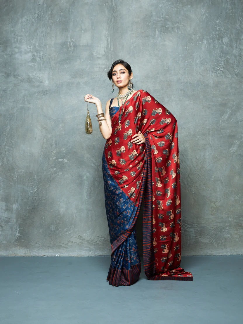 Anushé Pirani Eden Saree | Ajrakh Print Modal | Indigo & Terracotta, Pre-Stitched Option