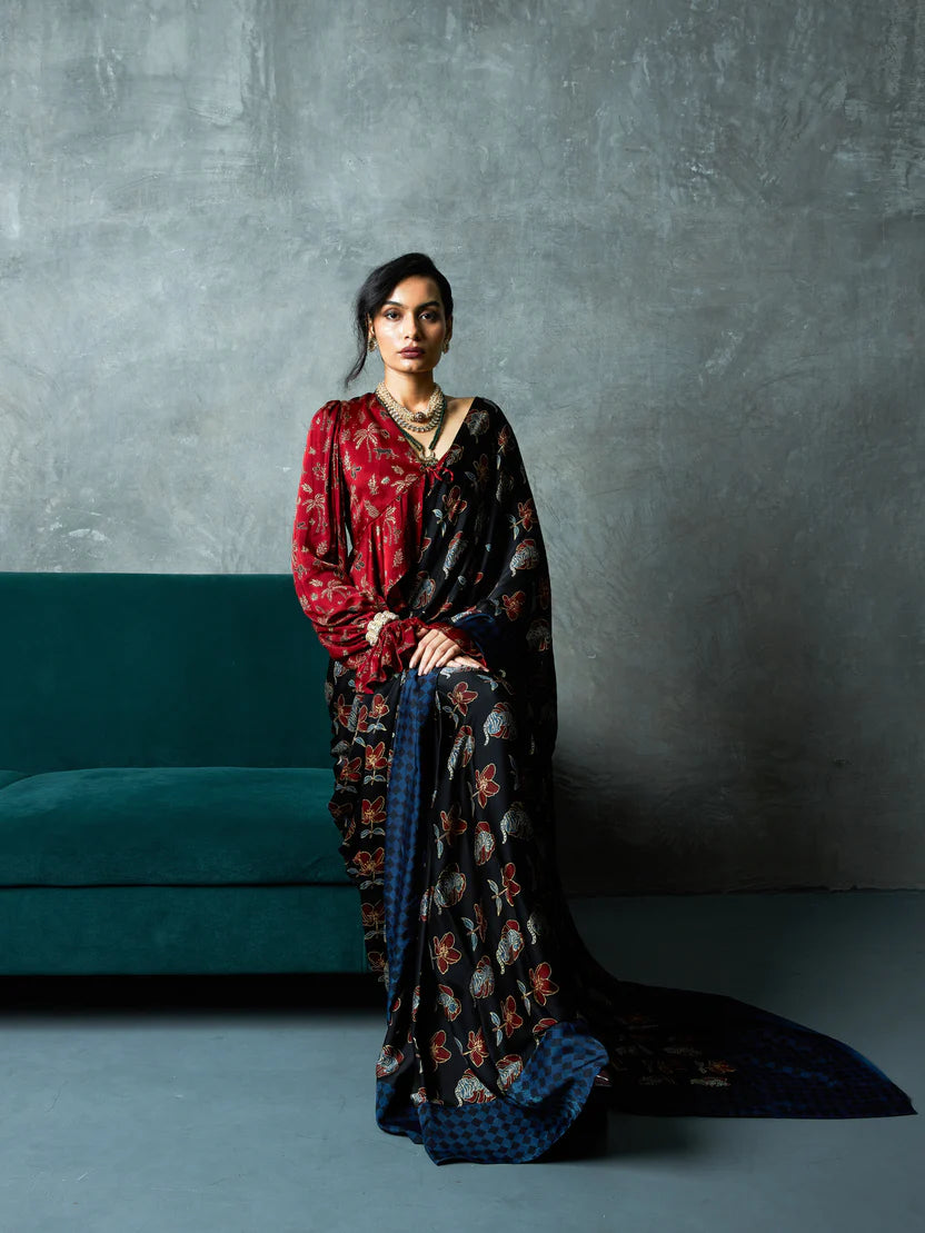 Anushé Pirani Wild Bloom Saree | Ajrakh Print Modal | Charcoal, Pre-Stitched Option