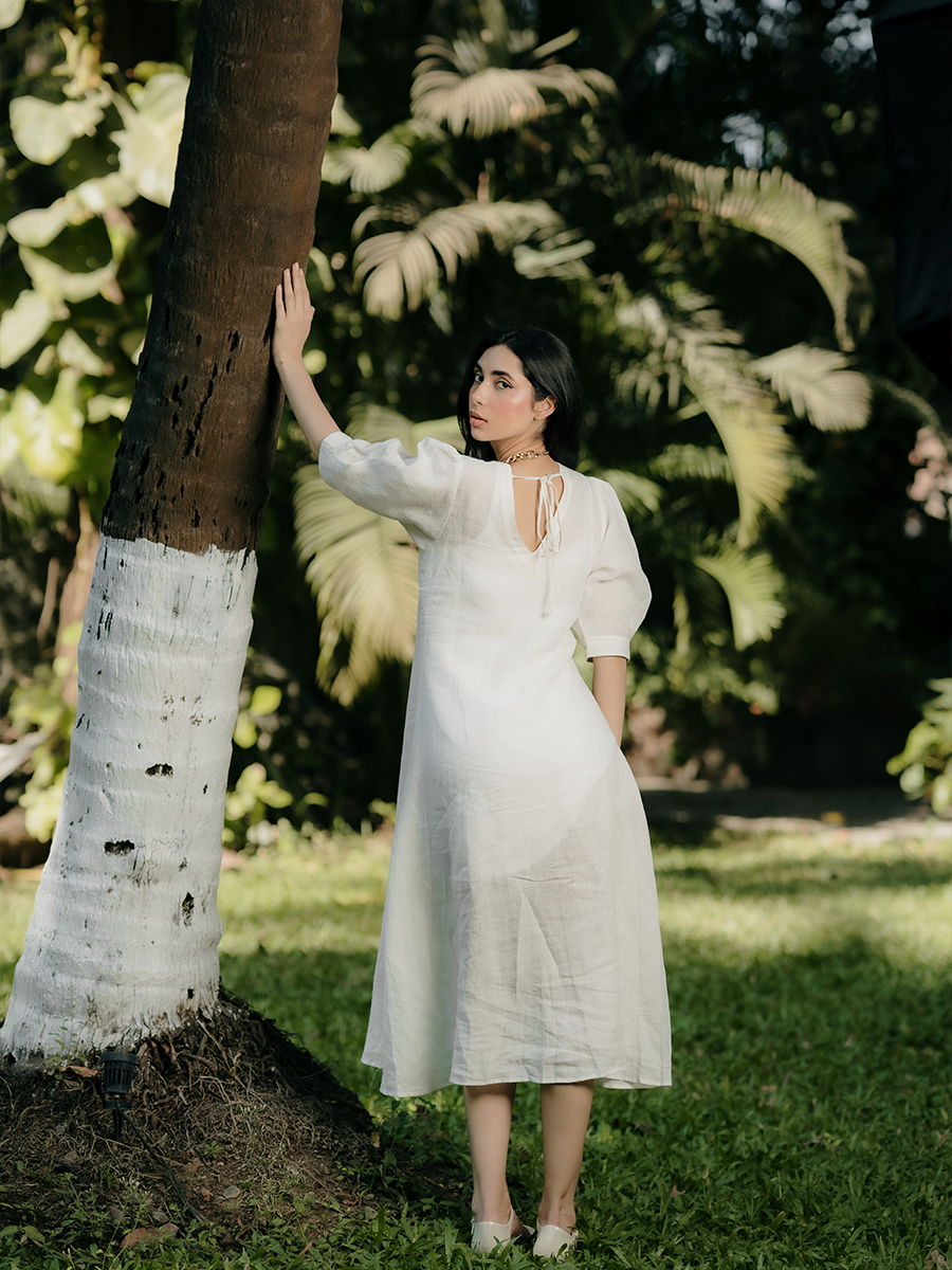 PUFFED SLEEVE MIDI LINEN DRESS