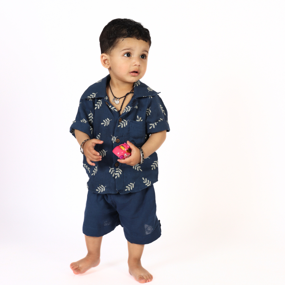 Momokos 100% Organic Cotton Capri Blue Double Gauze Shirt Shorts Co-ord set
