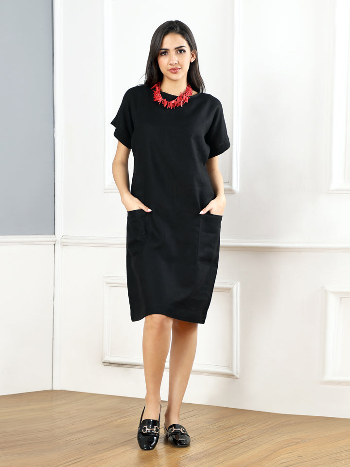 Gothilo Pitch Black Linen Pocket Dress & Shirt Set