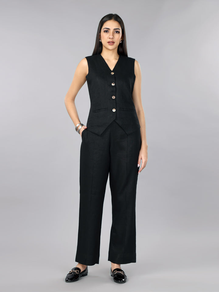 Gothilo Pitch Black Linen Waist Coat Set