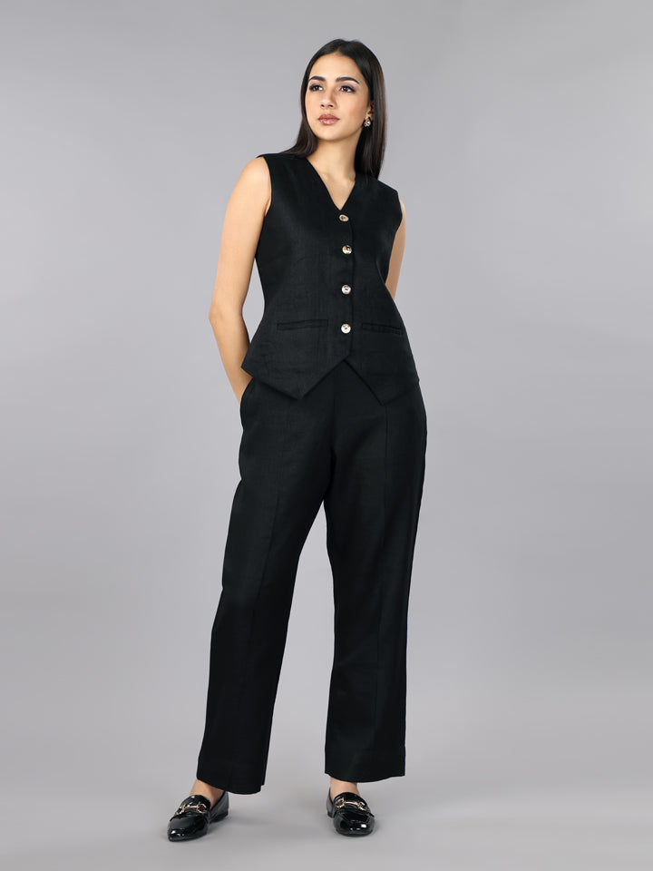 Gothilo Pitch Black Linen Waist Coat Set
