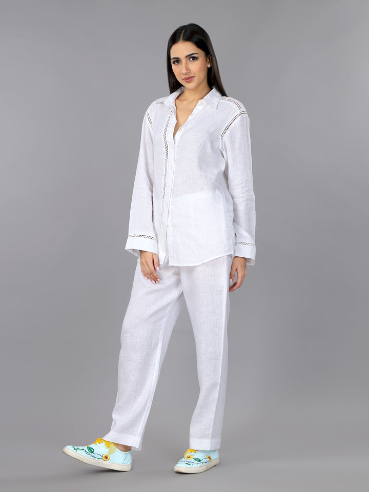 Gothilo Frost White Linen Shirt & Pant Loungewear Set