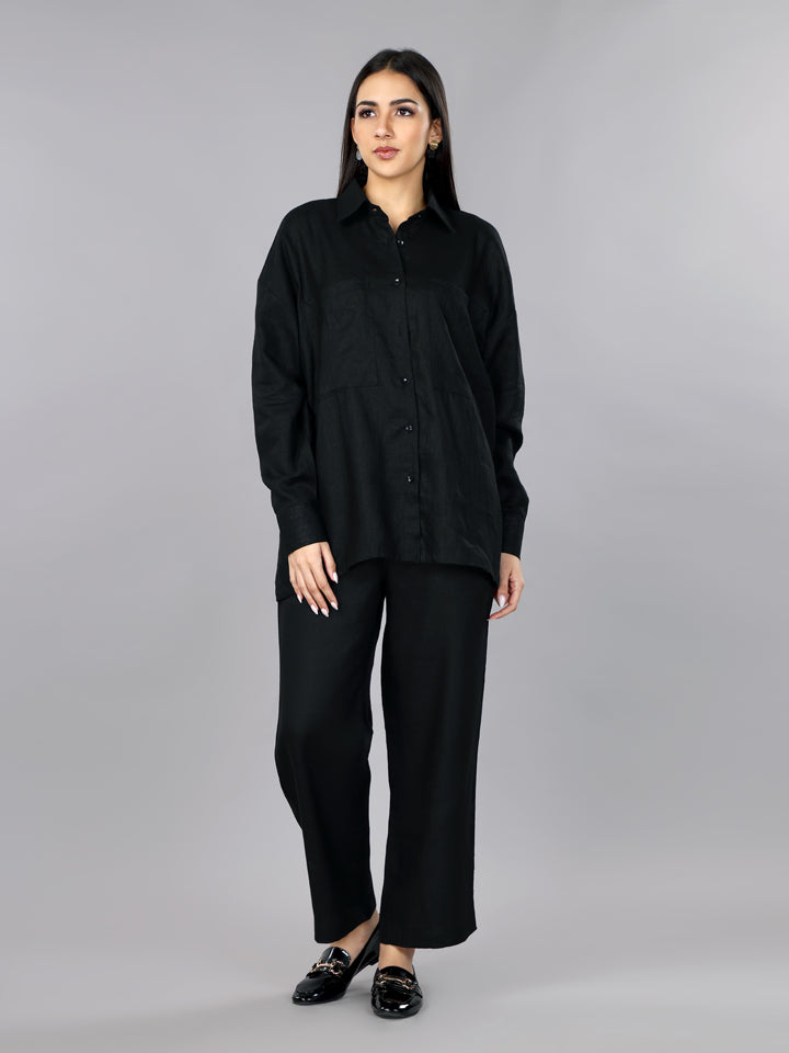 Gothilo Pitch Black Linen Oversized Shirt Set
