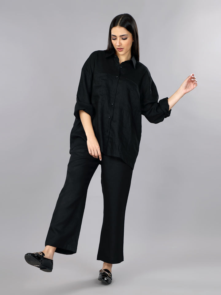 Gothilo Pitch Black Linen Oversized Shirt Set