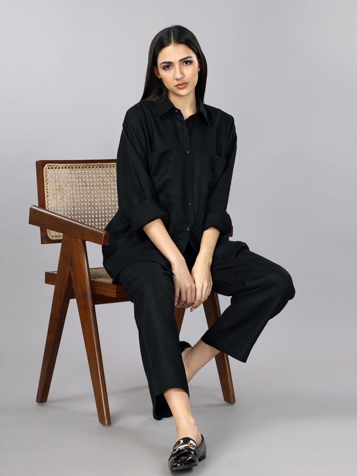 Gothilo Pitch Black Linen Oversized Shirt Set