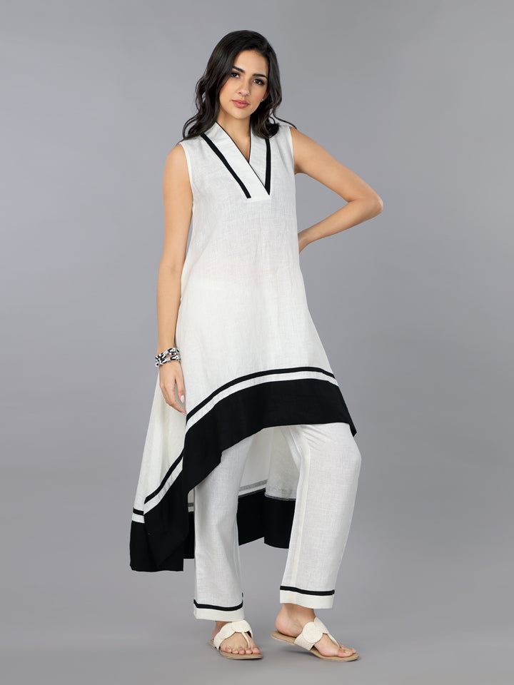 Gothilo Ivory Linen High-Low Flared Kurta Set