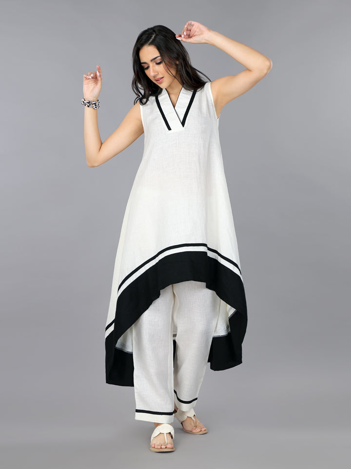 Gothilo Ivory Linen High-Low Flared Kurta Set