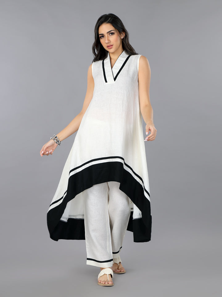 Gothilo Ivory Linen High-Low Flared Kurta Set