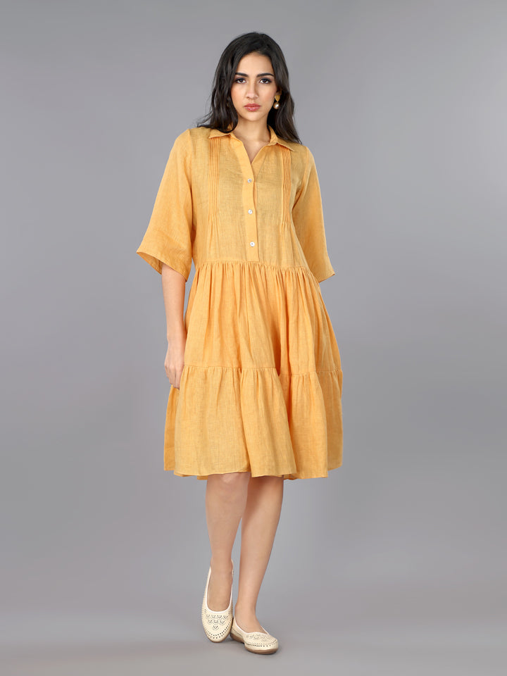 Gothilo Apricot Linen Pleated Flared Dress