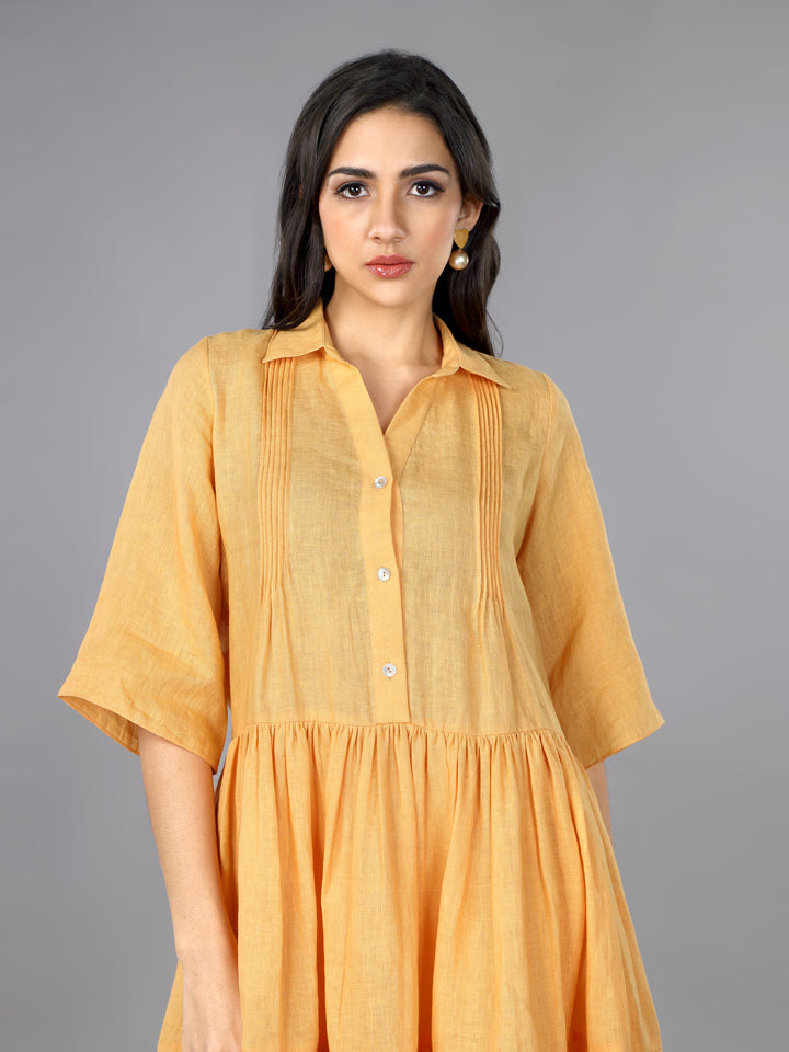 Gothilo Apricot Linen Pleated Flared Dress