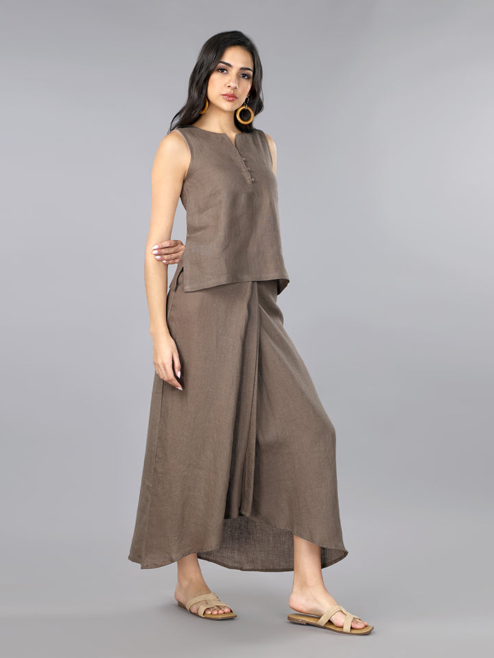 Gothilo Mocha Mousse Linen Top & Pleated Skirt Set