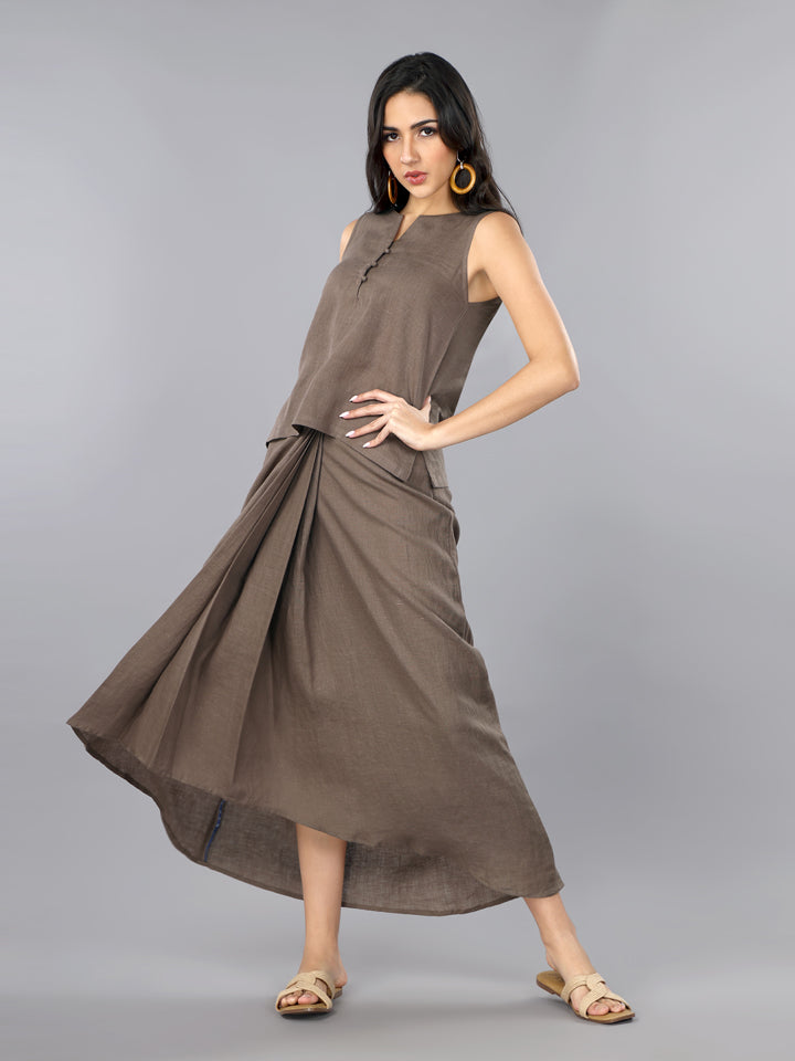 Gothilo Mocha Mousse Linen Top & Pleated Skirt Set