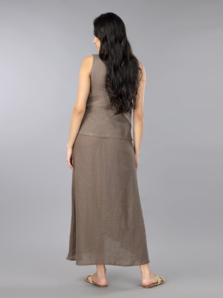 Gothilo Mocha Mousse Linen Top & Pleated Skirt Set